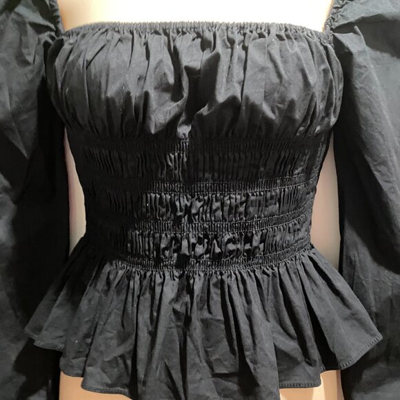 Staud Jules Puff Sleeve Peplum Smocked Y2K Peasant Cottage Cropped Cotton Top M - Picture 5 of 9